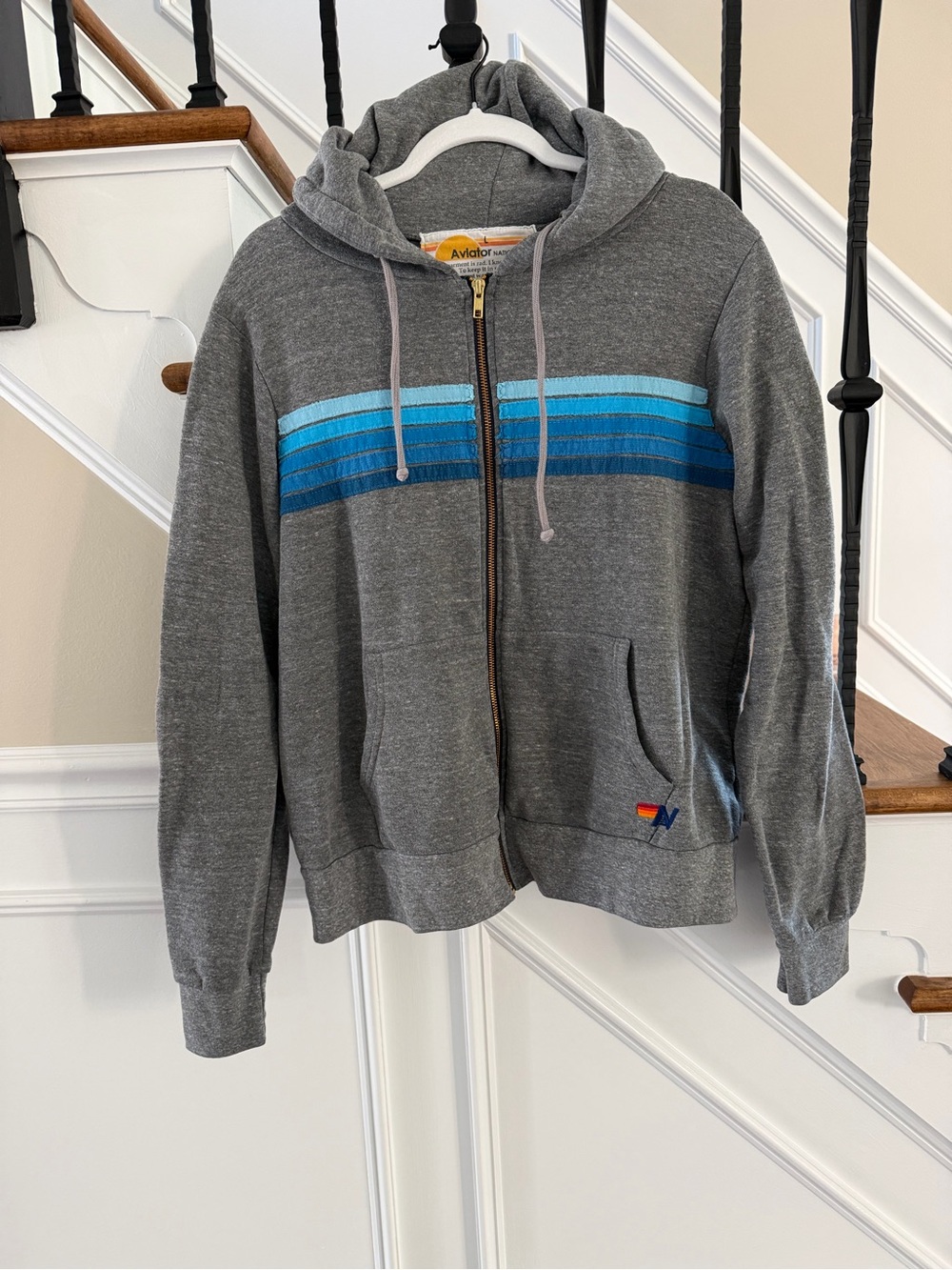 Aviator Nation Gray Zip-Up Hoodie with Blue Gradient Chest Stripes